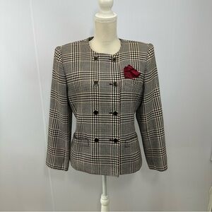Kasper For ASL Black Houndstooth Blazer Jacket Size 12 Wool Blend Lined Padded